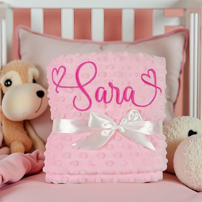 Personalized Baby Blankets for Girls and Boys, Custom Baby Blanket with Name, Embroidered Soft Minky Fleece Customized Nursery Blanket, Newborn Shower Christening Birthday Gift, 27 * 35 Inch