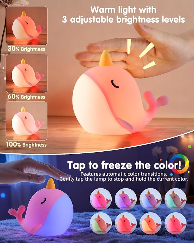 Fuloon Narwhal Night Light with Whale Shape, Squishy Silicone Kids Lamp, Safe & Soothing Touch Control for Kids and Babies, USB-C Rechargeable, 30-Min Auto Timer, Gift Idea (Pink)