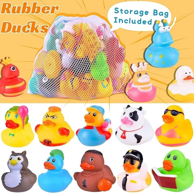 35 Packs Rubber Ducks in Bulk Assortment Jeep Ducks for Ducking, Small Rubber Duckies for Toddler Baby Bath Toys Floater Duck Bath Pool Toys Kids Party Favors with Mesh Carry Bag