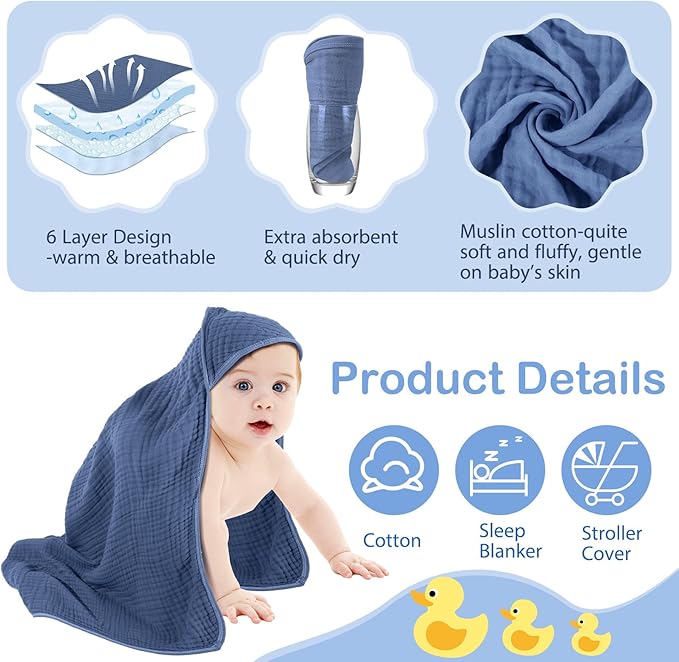 Peryiter 6 Pcs Muslin Hooded Baby Towels, 32"x 32" Cotton Newborn Bath Towel Muslin Infant Baby Blankets Absorbent Unisex Newborn Registry Gift Essentials for Girls Boys (Green Series)