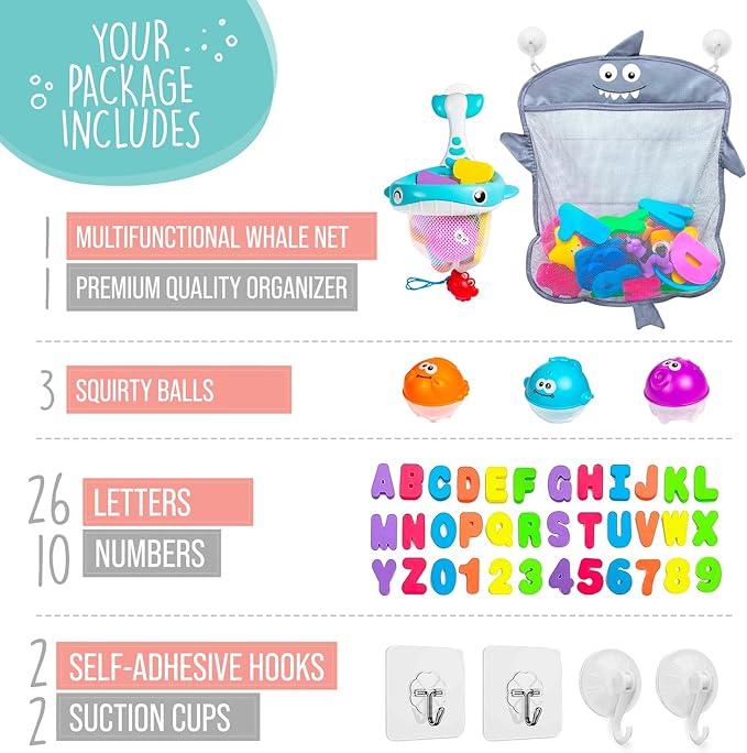 Comfylife Baby Bath Toy Organizer - Bath Toy Storage for Shower - Bathtub Toy Organizer Includes Foam Bath Toys (Numbers & Letters & Squirty Toys) + Extra Net That Doubles as a Toy