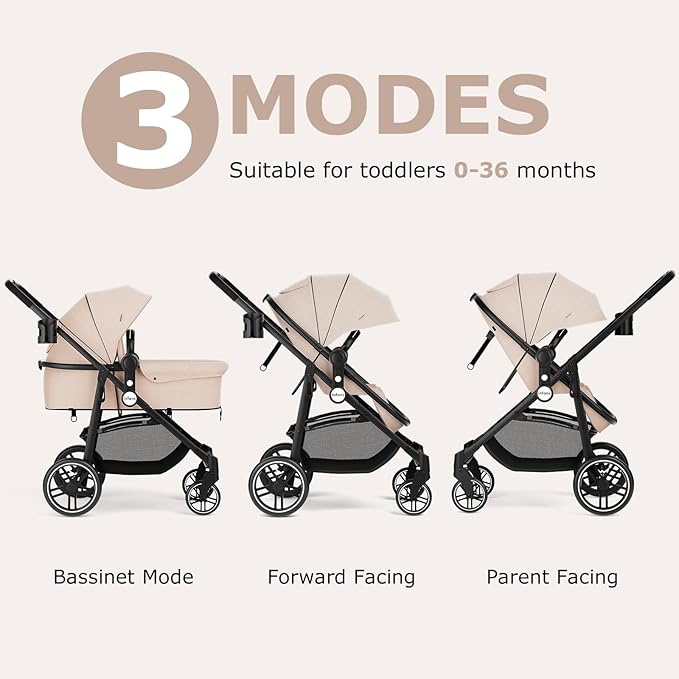 INFANS 2 in 1 Baby Stroller, High Landscape Infant Stroller & Reversible Bassinet Pram, Foldable Pushchair with Adjustable Canopy, Cup Holder, Storage Basket, Suspension Wheels (Khaki)