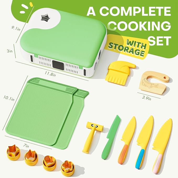 Toddler Cooking Set with Storage Box-Kids Kitchen Set,Safe PP Material Montessori Kitchen Tools for Real Cooking,Dishwasher Safe,Fun Bird-Shaped Organizer Toddler Knife Set