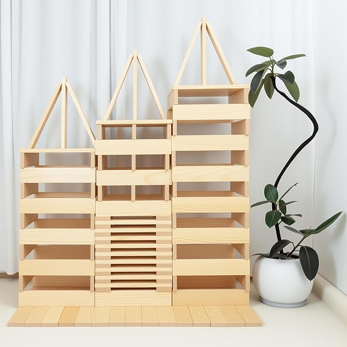 42pcs Large Open Ended Wooden Building Blocks for Kids 19.8 lb, Natural Pine Rectangular Wood Building Toys，Construction Toys for Toddlers, STEM Building Set,Birthday Gift for Ages 3-12 (Medium 9.8")