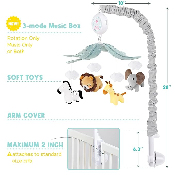 Animals Crib Mobile for Boys & Girls - Safari Baby Mobile for Crib with Upgraded 3-Mode Music Box, Fits Standard Cribs, Nursery Mobiles