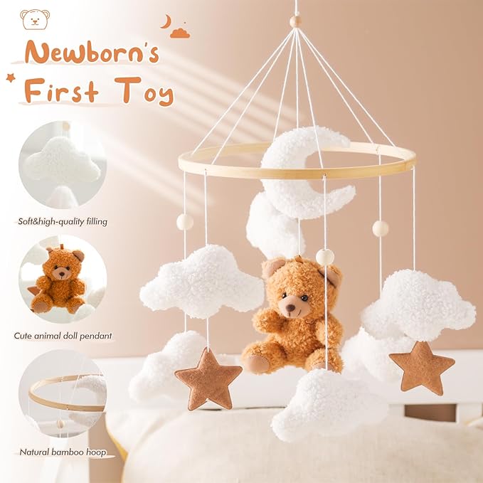 let's make Baby Mobile for Crib Bear Cloud Crib Mobile Handmade Furry Nursery Mobile Gender Neutral Crib Toy Hanging for Nursery Decor Accessories