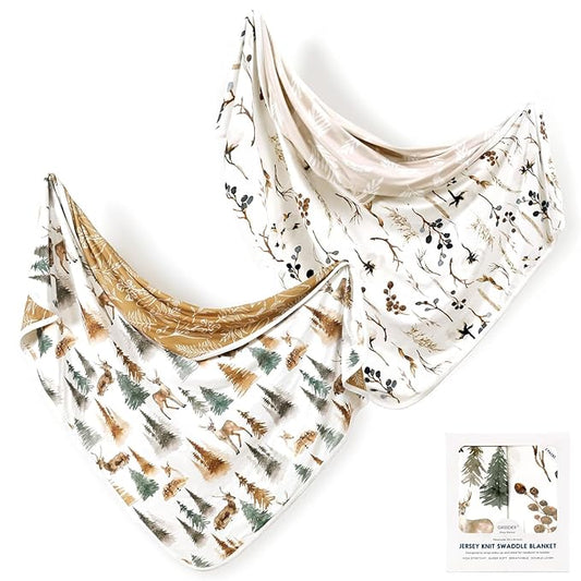 GRSSDER Baby Blankets Super Soft Stretchy Jersey Swaddle Blanket 2 Pack for Girls and Boys, Double Layer Reversible Receiving Blankets 34 x 44, Extra Large for Swaddling, Deer & Beige