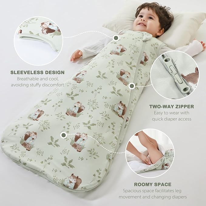 Mosebears Unisex Rayon Made from Bamboo Sleep Sack with 2-Way Zipper,2.5 Tog Baby Winter Sleep Sack(Green Animal,0-6 Months)