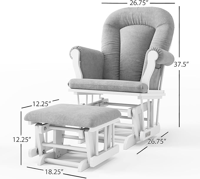 Child Craft Cozy Glider Rocker and Ottoman Set, Padded Cushion with Convenient Storage Pockets, Solid Wood Base & Frame (Matte White with Light Gray Cushion)