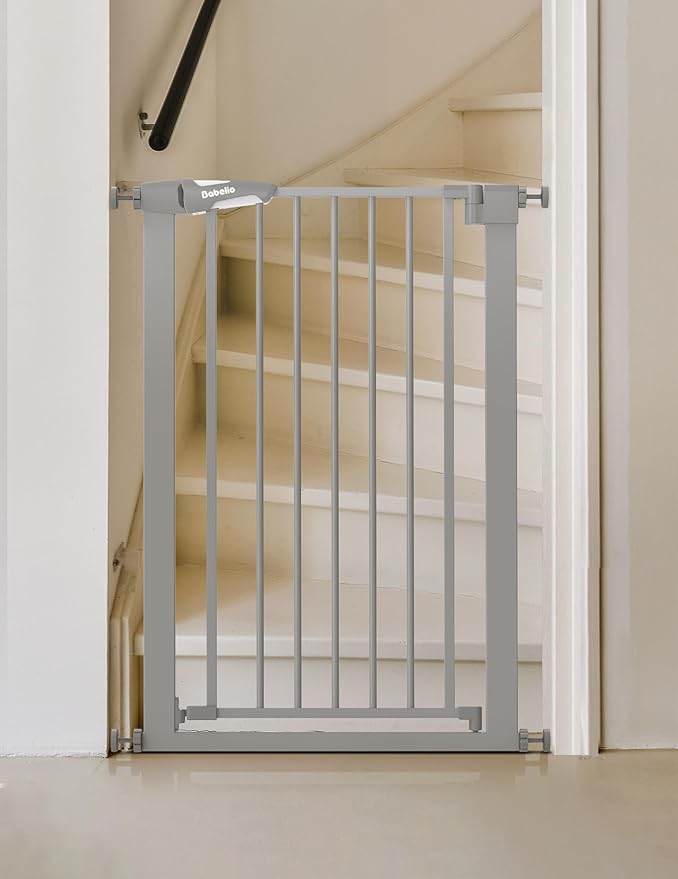 BABELIO 36" Tall Narrow Baby Gate, 26-28.5" Auto-Close Metal Dog Gate for Small Stairs/Doorways/Hallways, NO Drilling Pressure Mounted for Child and Pets, NO Extensions, Gray