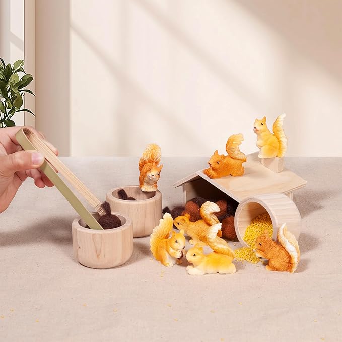 Sorting Stacking Wooden Toys for Toddlers, Squirrel Montessori Toys Toddler Sensory Bin Tool Toy, Wood Squirrel Toy House Fine Motor Skill Early Learning Educational Gift for Kids