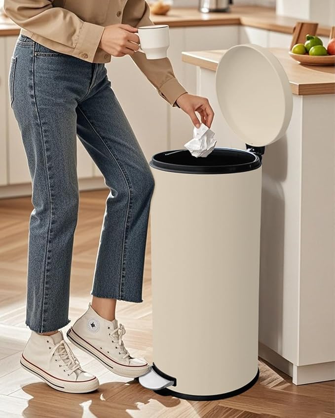 8 Gallon Trash Can, Stainless Steel Round Trash Can with Lid, Removal Inner Liner, Soft Close, Step on Pedal Trash bin for Kitchen, Office, Living Room or Bathroom, Cream