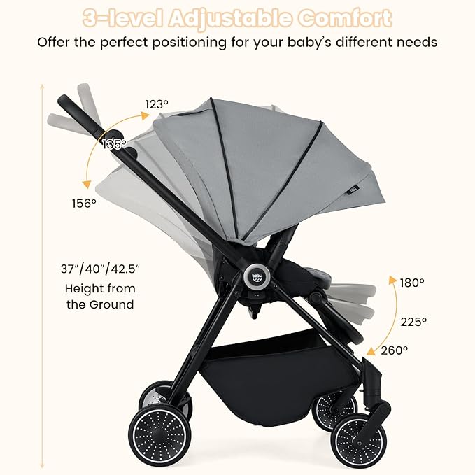 BABY JOY Baby Stroller, Foldable Toddler Stroller with Reversible Seat, Adjustable Backrest/Canopy/Handle/Footrest, Storage Basket, Suspension Wheels, Aluminum Frame (Gray)