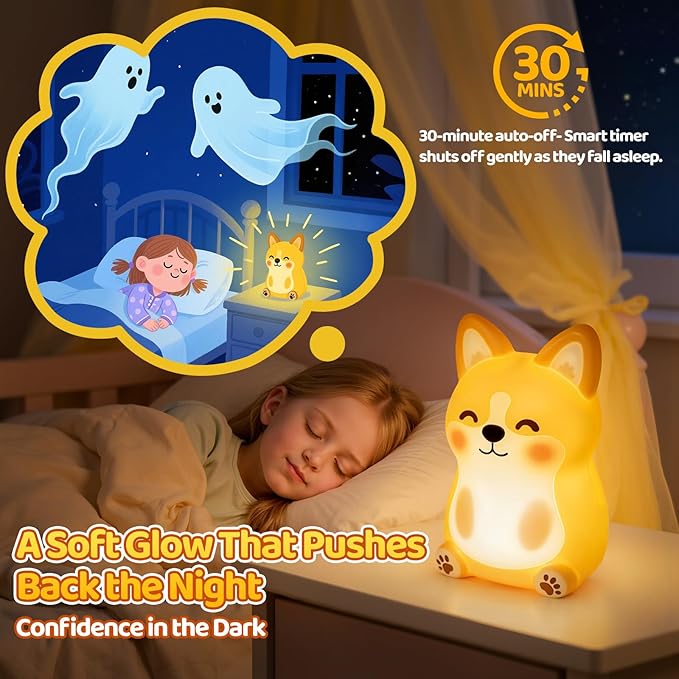 Mewaii Huggwaii Corgi Dog Night Light for Kids, 3 Brightness Levels Silicone Nursery Dog Lamp, 30 Min Timer&Rechargeable Cute Puppy Kids Night Light for Bedroom,Corgi Gifts for Boys,Baby Room Decor
