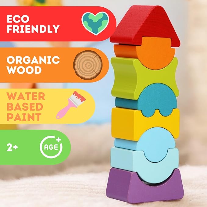 CUBIKA Flexible Tower Wooden Toy– Montessori Puzzle for Toddlers Ages 3+– Size and Shape Sorting Kids Stacking Toy– FSC-Certified Wood, German Water-Based Paints, Travel-Friendly
