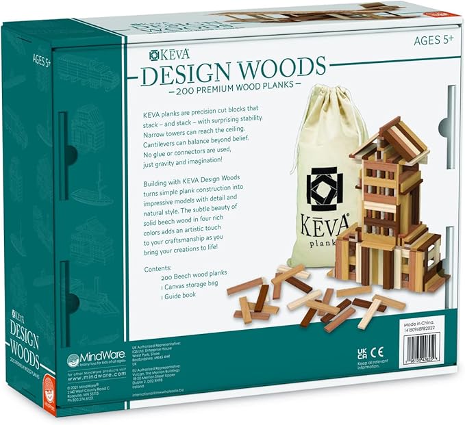 MindWare KEVA Design Woods — Free-Form 3D Builder Kit for Kids, Teens & Adults — Create Your own Architecture Designs with Simple Wood Building Blocks