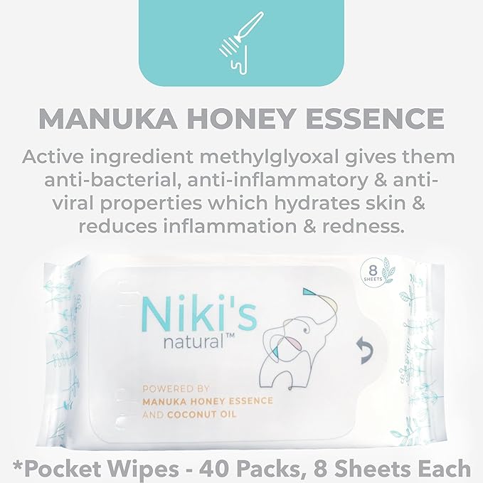 Niki's Natural Pocket Baby Wipes | Organic Baby Wipes Sensitive | Made with Manuka Honey and Coconut Oil, Unscented | EWG Verified | 320 Wipes (40 Pack x 8 Count Wipes)