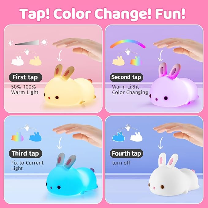One Fire Bunny Night Light for Kids,16 Colors+ Silicone Soft Toddler Night Light, Dimmable+Rechargeable Nightlight for Kids Room, Easy Tap Control Bunny Lamp, Rabbit Lamp, Cute Stuff, Gifts for Girls