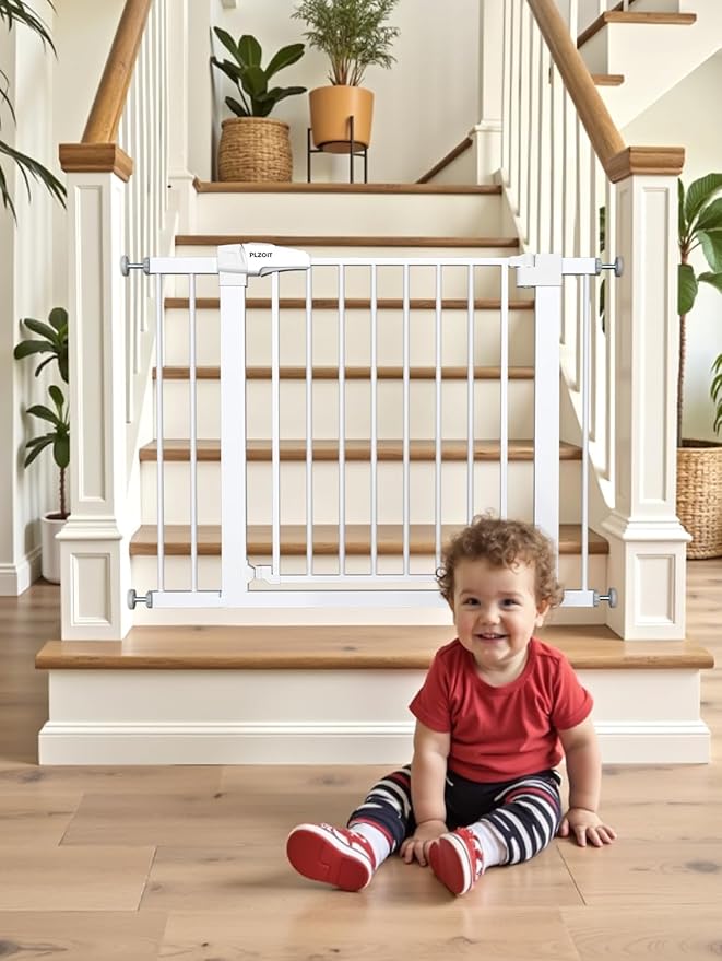 Baby Gate for Stairs, 29.5-40.5" Dog Gate for Doorways, Walk Thru Auto Close Metal Child Gate for The House, Stairs and Doorways, Pressure Mounted Pet Gate for Dog Indoor (White)