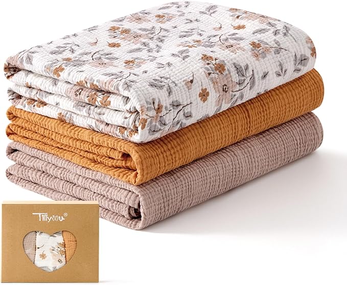 TILLYOU 3 Pack Muslin Swaddles for Newborns Baby Blankets for Girls Boys Cotton Swaddle Blankets 40"X40", Yellow Flower