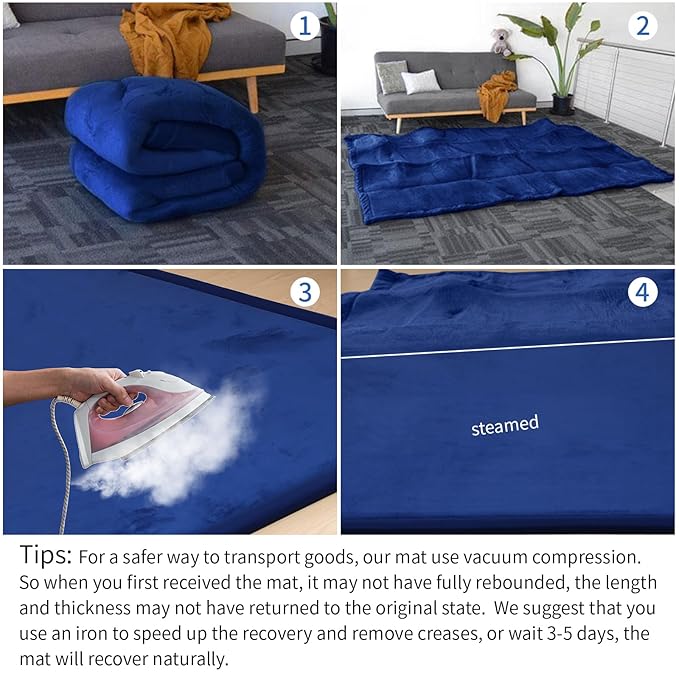 Baby Play Mat for Floor,1.3" Thick Elasti-Foam 50x50 Playpen Mat for Toddlers Infant Kids,Water-Repellent Soft Coral Velvet Tummy Time Non Slip Crawling,Tatami(Dark Blue)