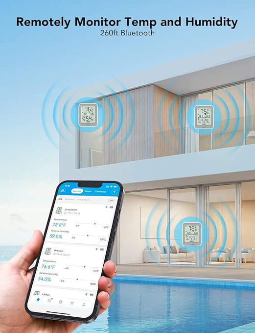 Govee Indoor Hygrometer Thermometer 3 Pack, Bluetooth Humidity Temperature Gauge with Large LCD Display, Notification Alert with Max Min Records, 2 Years Data Storage Export, Grey