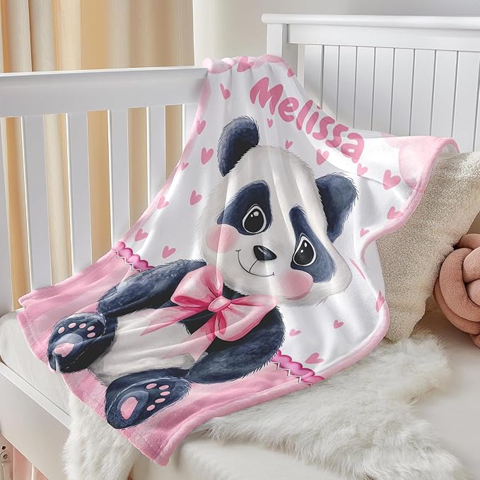 Personalized Baby Blanket for Girls, Custom Baby Blanket with Name, Soft Cozy Personalized Name Blankets for Kids, Customized Panda Blanket for Infant Toddler Birthday Christmas
