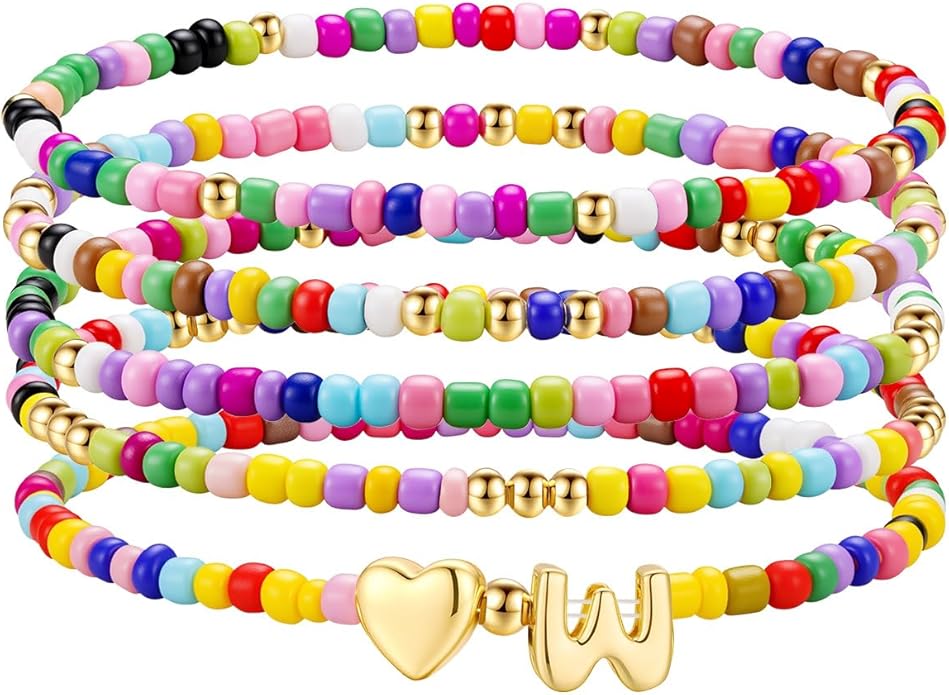 M MOOHAM Stocking Stuffers for Kids Girls Teen - 5PCS Colorful Beaded Initial Bracelets for Women Girls, Cute Stretch Heart Letter Bohemian Stackable Bracelet Birthday Gifts Jewelry for Kids Teen Girl