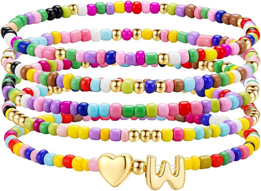M MOOHAM Stocking Stuffers for Kids Girls Teen - 5PCS Colorful Beaded Initial Bracelets for Women Girls, Cute Stretch Heart Letter Bohemian Stackable Bracelet Birthday Gifts Jewelry for Kids Teen Girl