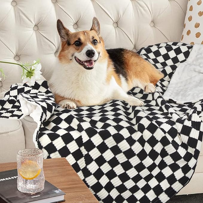 Baby Blanket for Kids Adults Comfy Durable Corduroy Toddler Blanket with Double Layer Dotted Backing Checkerboard Grid Chessboard Gingham Warmer Bed Blankets for All Season Black, 50x60 Inches