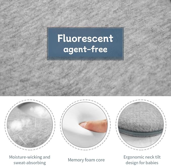 Memory Foam Baby Pillow for Newborn Flat Head Baby Pillow Machine-Washable Neck Support Prevent Flat Head 100% Cotton,Grey