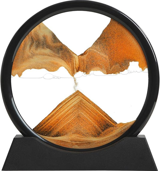 Moving Sand Art Liquid Motion, 3D Deep Sea Sandscape Color Quicksand Decor, Round Glass Moving Sand Art Picture Relaxing Desktop Home Office Work Decor (Orange, 7 inch)