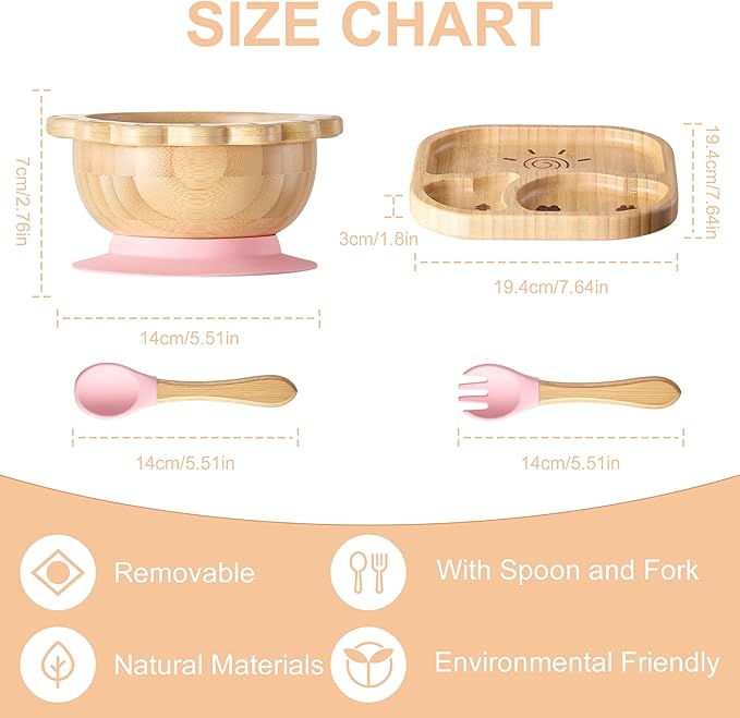 Suction Plates Bowls Set for Baby Toddler Non-Toxic Bamboo Feeding Set with Silicone Fork & Spoon (Pink Feeding Set)