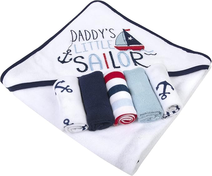 Baby Hooded Bath Towel and Washcloth Set for Infants, Boys and Girls 6-12 Months (Daddy's Sailor)