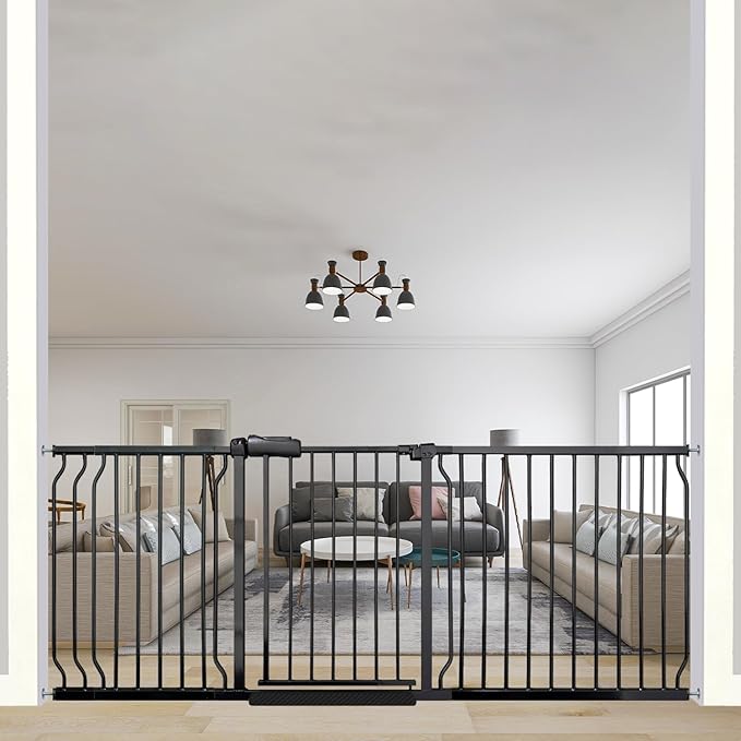 76.3-81 Inch Extra Wide Baby Gate, Pressure Mounted No Drill, Extra Wide Safety Gate for Large Entries, Black Metal with Extension Kit