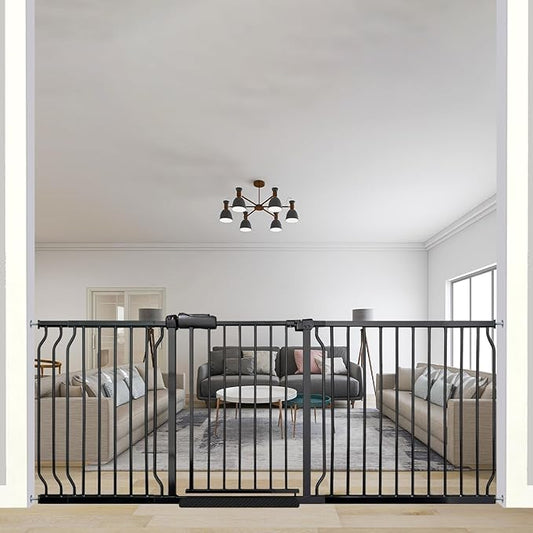 76.3-81 Inch Extra Wide Baby Gate, Pressure Mounted No Drill, Extra Wide Safety Gate for Large Entries, Black Metal with Extension Kit