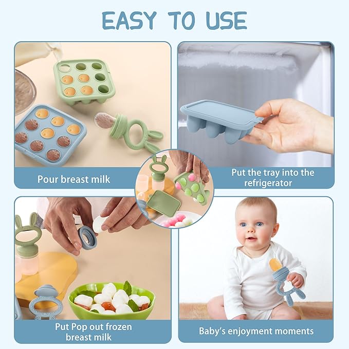 WAJIAYON Baby Breastmilk Popsicle Molds & Babies Fruit Feeder (3 Pack), Infant Food Freezer Tray Storage Containers, Silicone Teething Pacifier Feeder and Teether for Babies,Baby Feeders - Blue