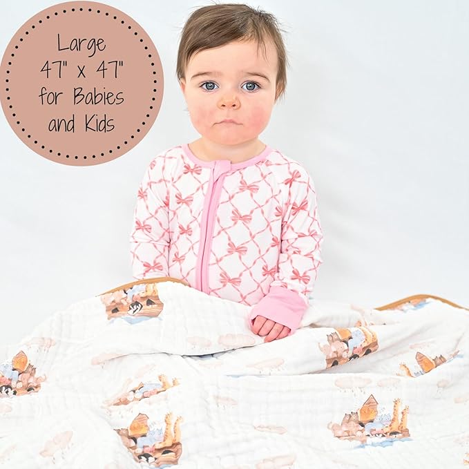 LollyBanks Muslin Baby Blanket 100% Organic Cotton, Muslin Quilt Lightweight, 6 Layers Baby Blankets 47"x 47", Toddler Blanket for Boy and Girl, Nursery Receiving Blankets (Noah's Ark Pattern)