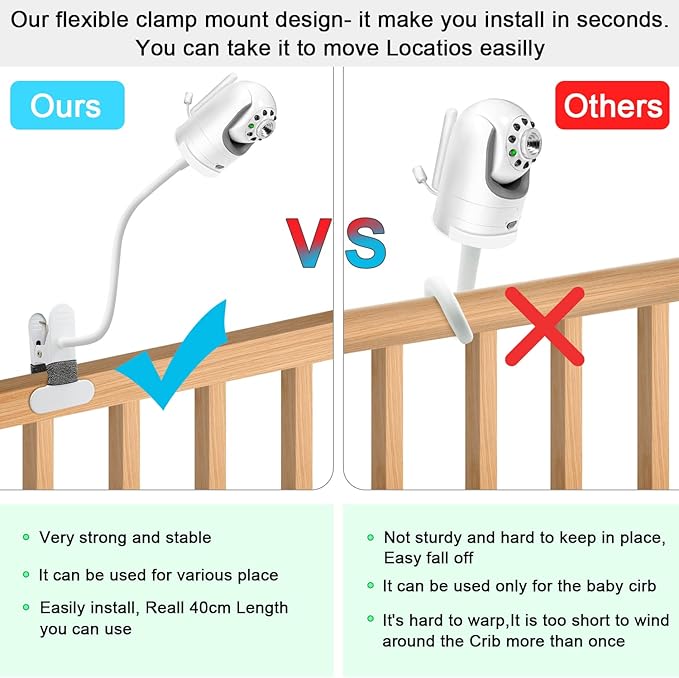 Flexible Clip clamp Mount Compatible with Infant Optics DXR-8 and DXR-8 PRO Video Baby Monitor Camera 15.7 inches Flexible Long Gooseneck Arm, Baby Monitors Holder for Crib Baby Camera Stand