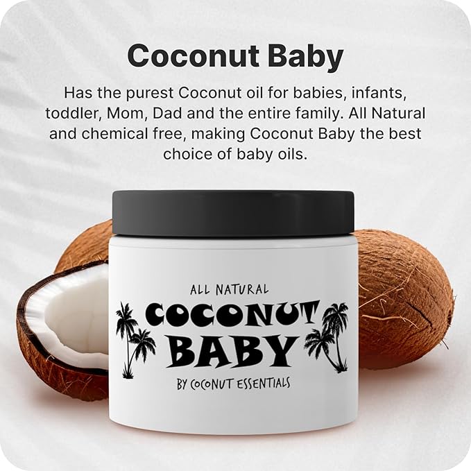 Coconut Essentials Coconut Baby Oil - Natural & Organic Moisturizer, Hair Oil for Cradle Cap Treatment, Newborn Sensitive Skin, Eczema & Psoriasis Relief, Unscented, Sunflower & GrapeSeed 4 floz