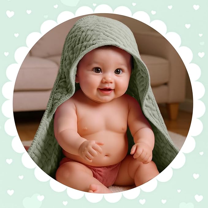 Peryiter 4 Pcs Muslin Hooded Baby Towels, 32"x 32" Cotton Newborn Bath Towel Muslin Infant Baby Blankets Absorbent Unisex Christmas Registry Gift Essentials for Girls Boys (Green,Gray,Beige)
