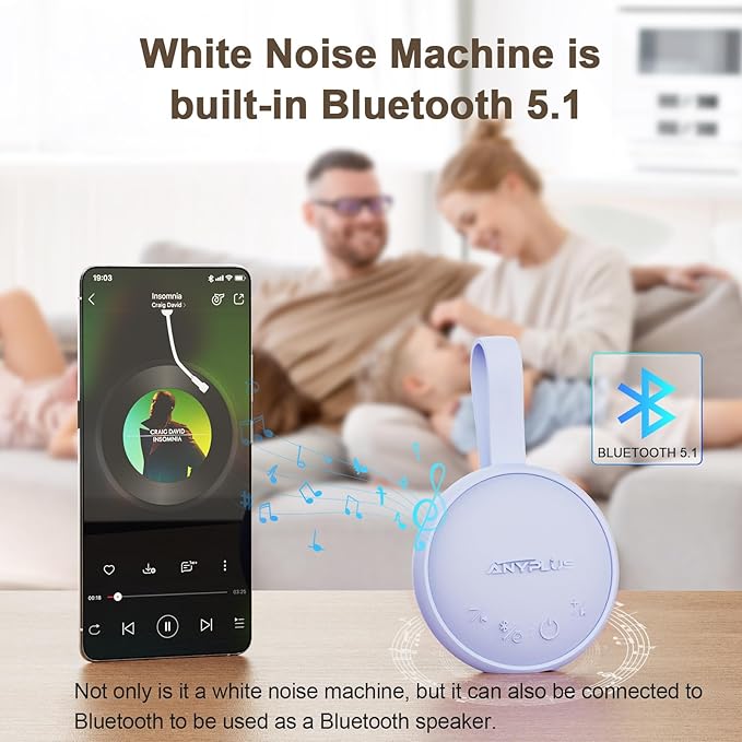 White Noise Sound Machine, Portable Sound Machine for Sleeping Adults & Baby, with Bluetooth 5.1/24 Soothing Sounds/Battery Powered/3 Timer Memory Function for Office/Bedroom/Travel（Purple）