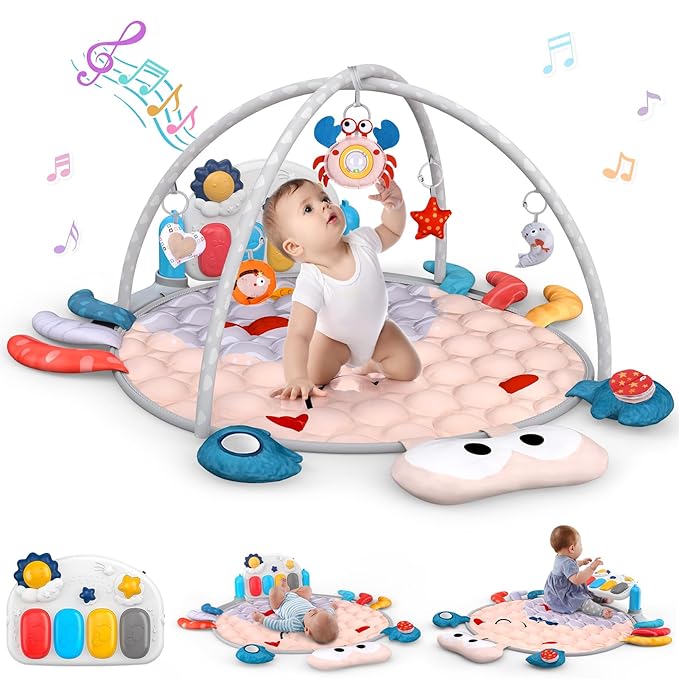 UMIKU Baby Play Mat Tummy Time Mat for Newborn Infant Piano Music & Light Musical Activity Center Baby Boy Girl Gifts for Baby Toys 3 6 9 12 Months, Crab Theme