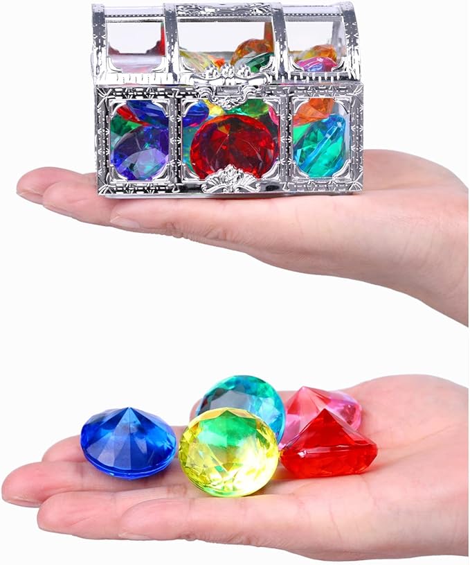 Diving gem Pool Toys Sand Toys,14Colorful Diamond Treasure Chest Summer Swimming gems Pirate Diving Toy Set Underwater Swimming toyChildren's Game Gifts for Boys and Girls(Silver White)
