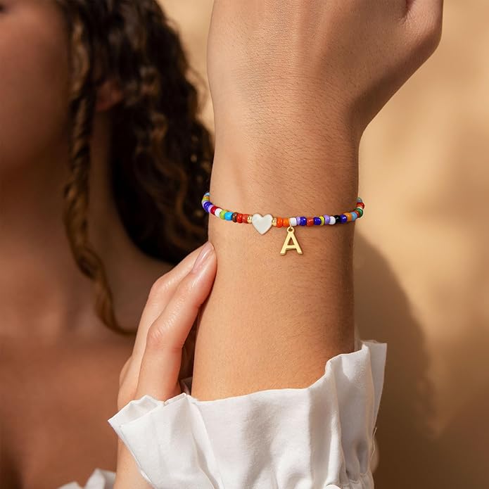 Christmas Gifts for Grandkids Teens Girls - Cute Beaded Heart Initial Bracelets for Women Teen Girl Trendy Stuff, Birthday Gifts Stocking Stuffers for Teen Girls Women Jewelry