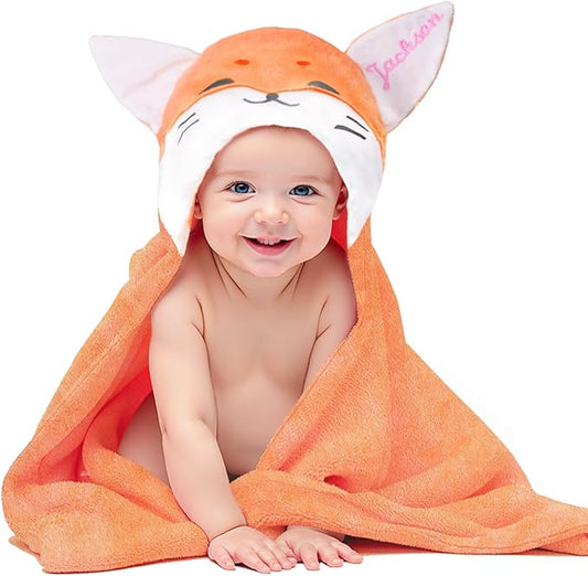 Custom Hooded Baby Towel with Name, Soft and Absorbent Customized Fox Toddler Towels, Baby Bath Towel for Boys and Girls, Easter Birthday Towel for Kids，Babies, Toddlers, Newborns Essential