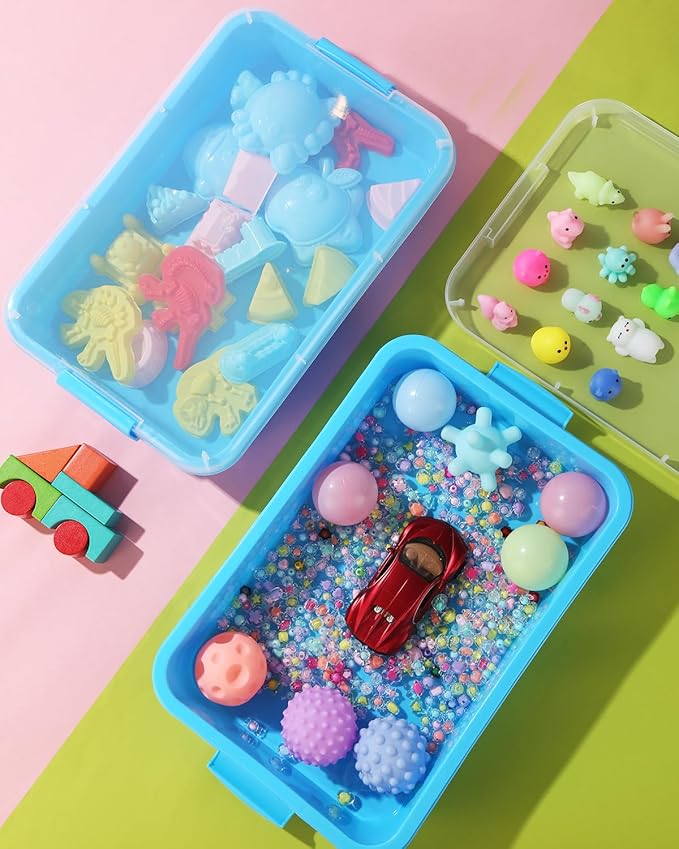 Sensory Bin Sand Tray with Lid for Toddlers 2 Pcs 15in Portable Sandbox Toy Large Plastic Tray for Kids 3 4 5 6 Fill with Sand, Water, Beads, and More (2 Blue)