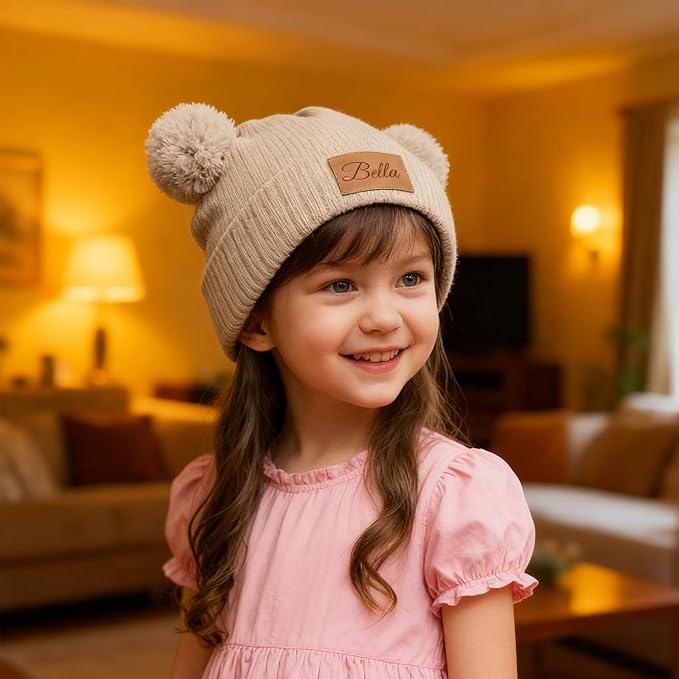 Custom Baby Beanies Personalized Toddler Winter Hats Name Leather Patch Kids Knit Warm Hat for Infant Boys Girls Adult