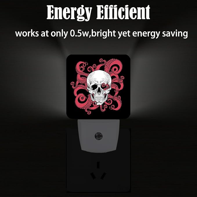 Human Skull and Octopus Tentacles Night Light,Plug Into Wall for Boys Girls Bedroom Decorative Square Night Light Lamp 0.5w Sleep Friendly