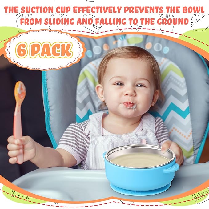 Nuogo 6 Pcs Stainless Steel Baby Bowls with Removable Silicone Shell 304 Toddler Bowls Kids Anti Scald Snack Container for Food Feeding, Dishwasher Safe(Vivid Color,Suction-a)